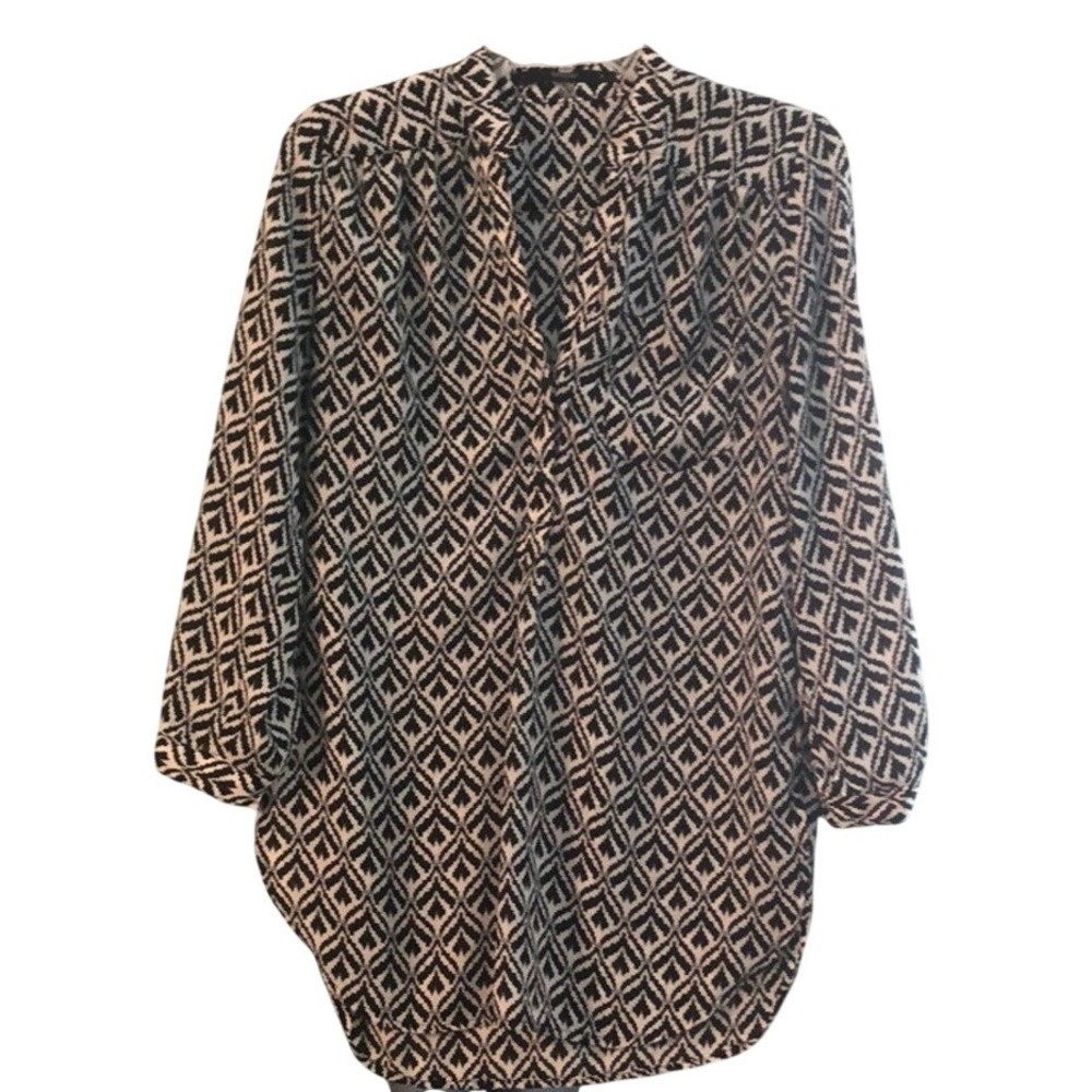 Fun 2 Fun Black White Geometric Print V-Neck Blouse Tunic Top Womens Medium